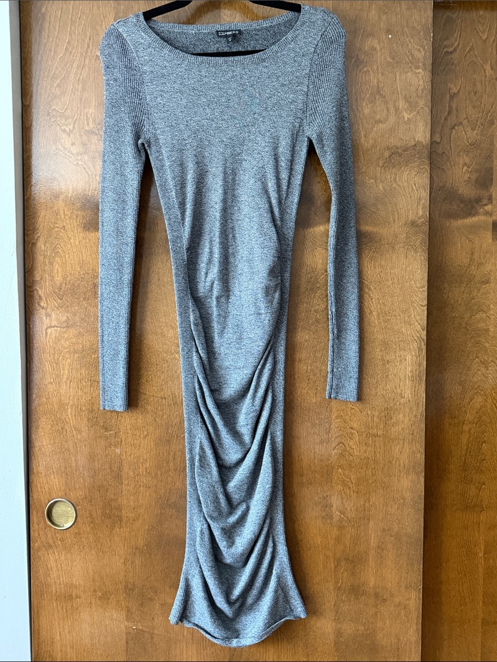 Express Heather Gray Long-Sleeve Ruched Maxi Dress